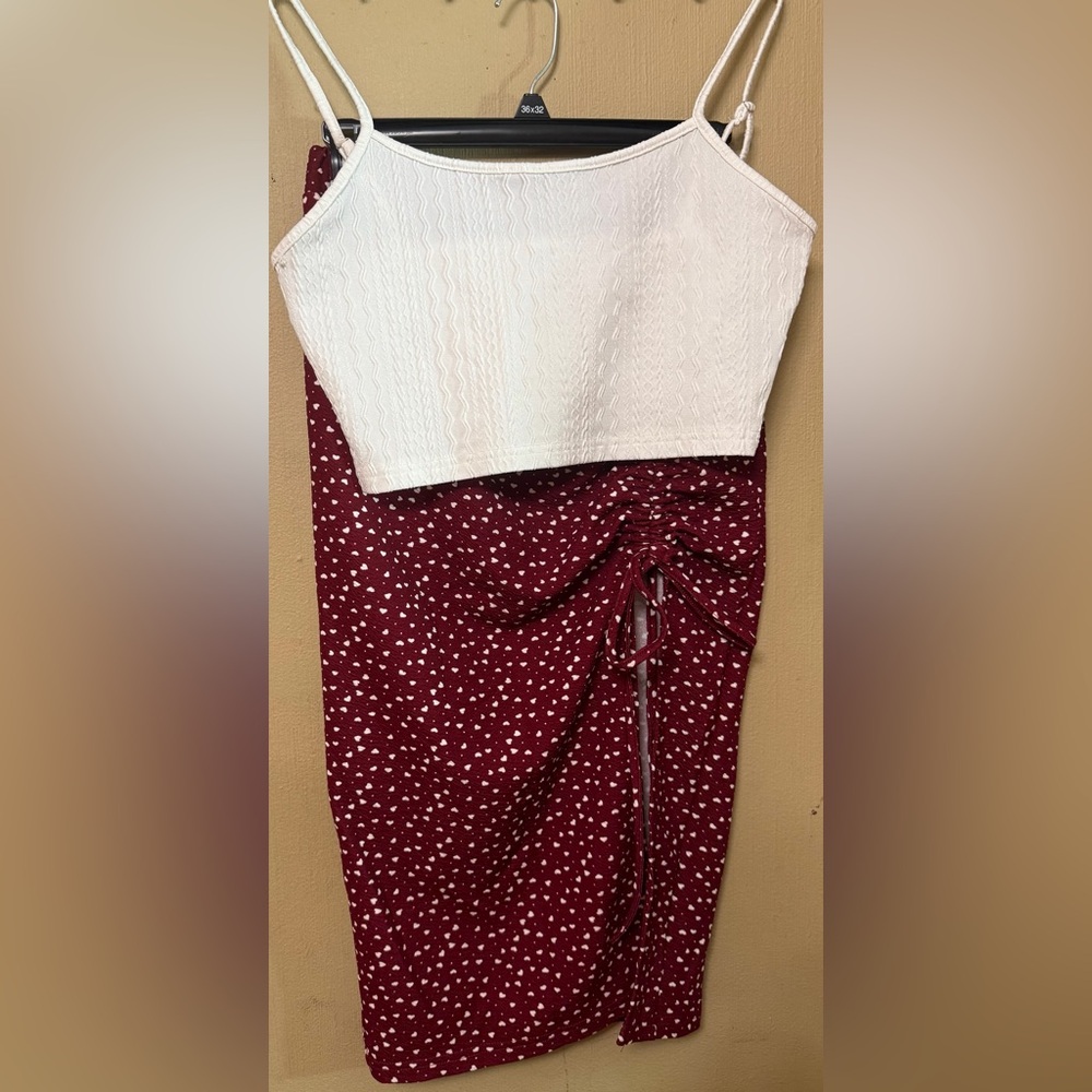 White Top with Red Heart Patterned Skirt
